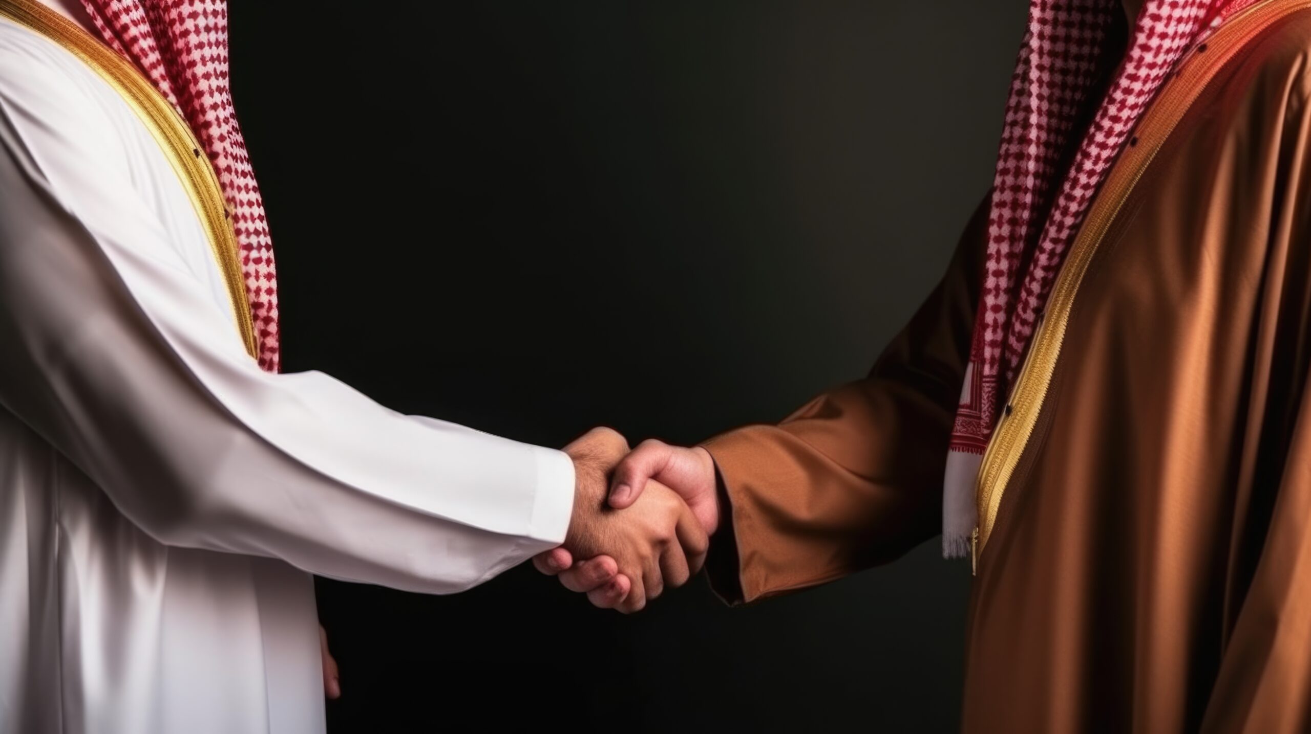 Business handshake between two Arabian Man. Close up on black Background. Generative AI.